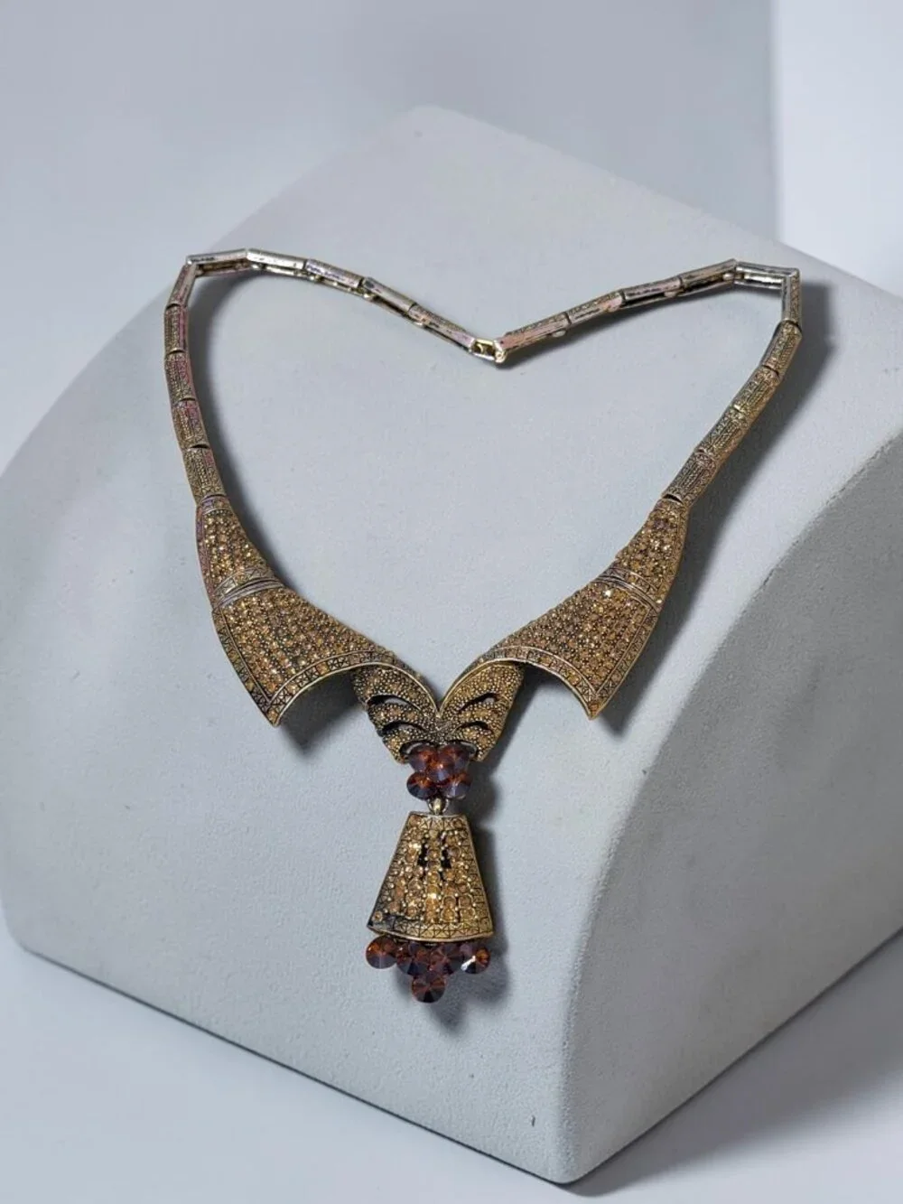 Vintage Gold-Tone Ornate Necklace With Amber Crystal Pendant & Intricate Details - Picture 3 of 11